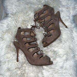 Manolo Blahnik Taupe Lace-Up Heels